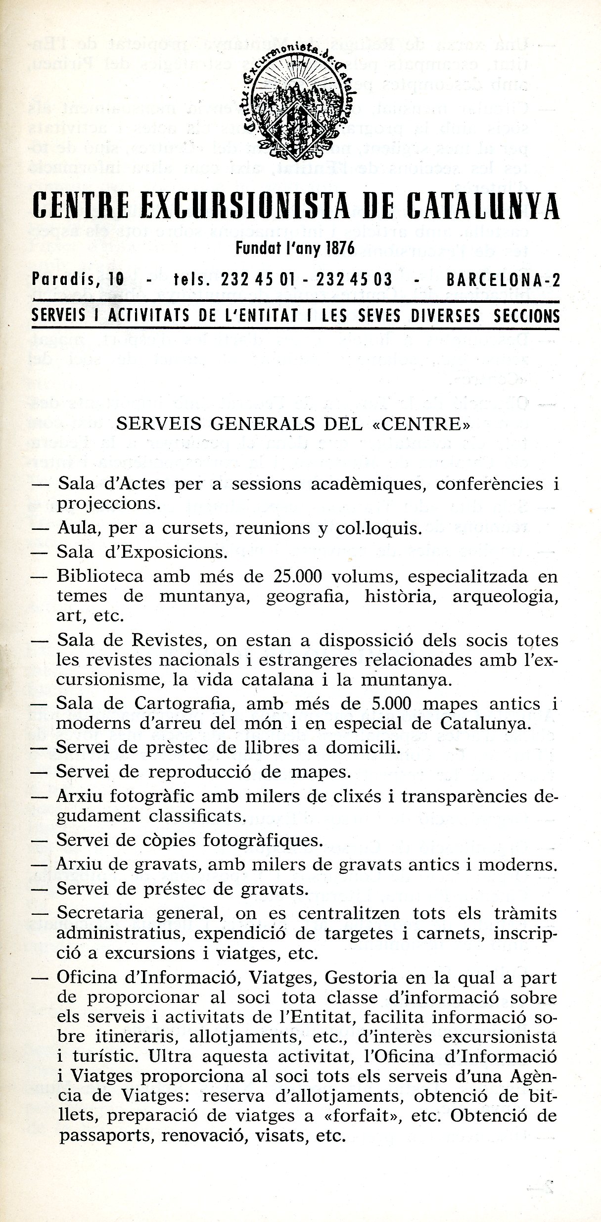 Centre Excursionista de Catalunya : Fundat l'any 1876 : Serveis i activitats de l'entitat i les seves seccions - Portada